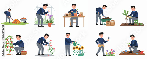 Flat Design Man Doing Different Gardening Activities and Planting Illustration