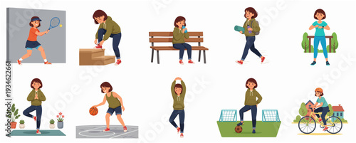 Cartoon Woman Doing Various Sport and Fitness Activities Lifestyle Illustration Set