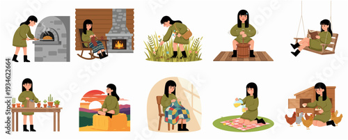 Flat Illustration of Woman Living on Farm and Doing Daily Activity Set