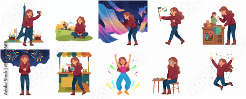Colorful Flat Various Pose Brown Hair Woman Lifestyle Illustration Set