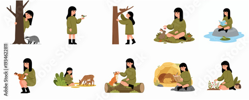 Flat Illustration of Girl Interacting with Forest Animals in Various Scenarios