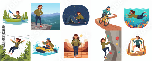 Colorful Active Lifestyle Illustration of Woman Engaging in Outdoor Activities