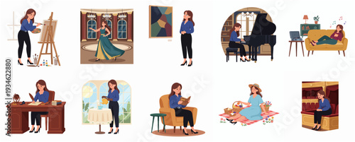 Set of Beautiful Woman doing Different Hobbies and Activities Illustration