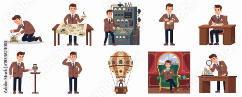 Cartoon Flat Style Diverse Scientist and Adventurer Character Set Illustration