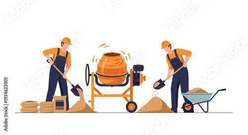 Two construction workers in orange overalls and hard hats shovel brown sand into an orange cement mixer and a wheelbarrow on a white background.