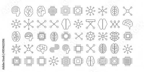 Collection of various grey scientific and technological icons displayed in a grid pattern on a clean background