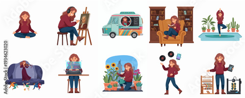 Colorful Flat Illustration of Woman Enjoying Various Hobbies and Activities