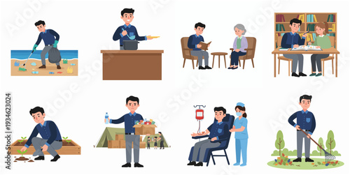 Cartoon Style Man Doing Volunteer Activity and Helping other People Illustration