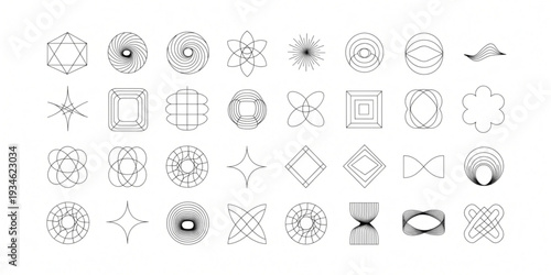A collection of thirty simple geometric shapes and icons are arranged in a grid pattern on a clean white background, viewed directly from above.