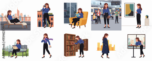 Flat Illustration Set of Woman in Daily Lifestyle and Different Poses