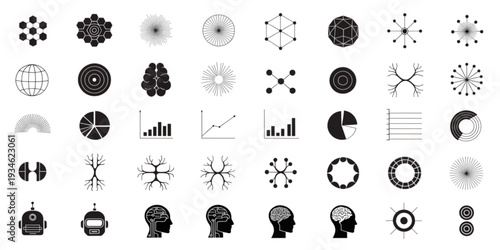 Collection of various black and white icons representing data visualization and business concepts on a plain background from a straightforward viewpoint
