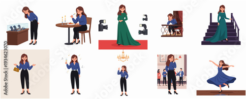 Stylish Flat Illustration Set Woman Life Events and Occasions Poses