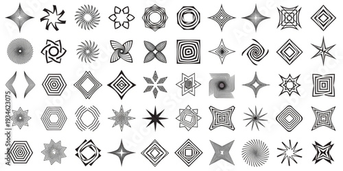 A collection of 36 geometric shapes and icons displayed in a grid pattern, showcasing various designs and patterns from different viewpoints.