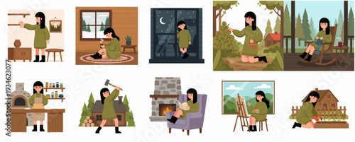 Illustrated Girl Living in a Cabin Collection of Activities in Nature