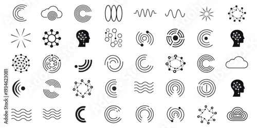 Collection of abstract symbols and shapes in black and gray tones, showcasing various designs and patterns