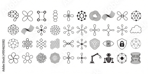 Collection of various scientific and technological icons representing different concepts and ideas in a monochrome style