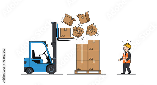 A blue forklift drops cardboard boxes from a wooden pallet as a surprised worker in a hard hat and safety vest observes the accident.