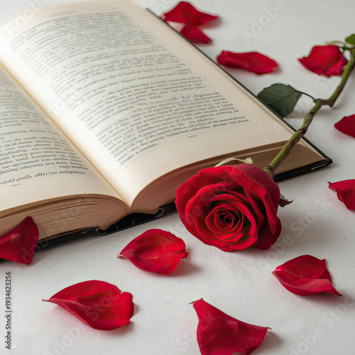 Open book with red rose and petals on white