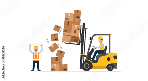 A yellow forklift drops a stack of cardboard boxes and a wooden pallet as an alarmed worker raises hands on a white background.