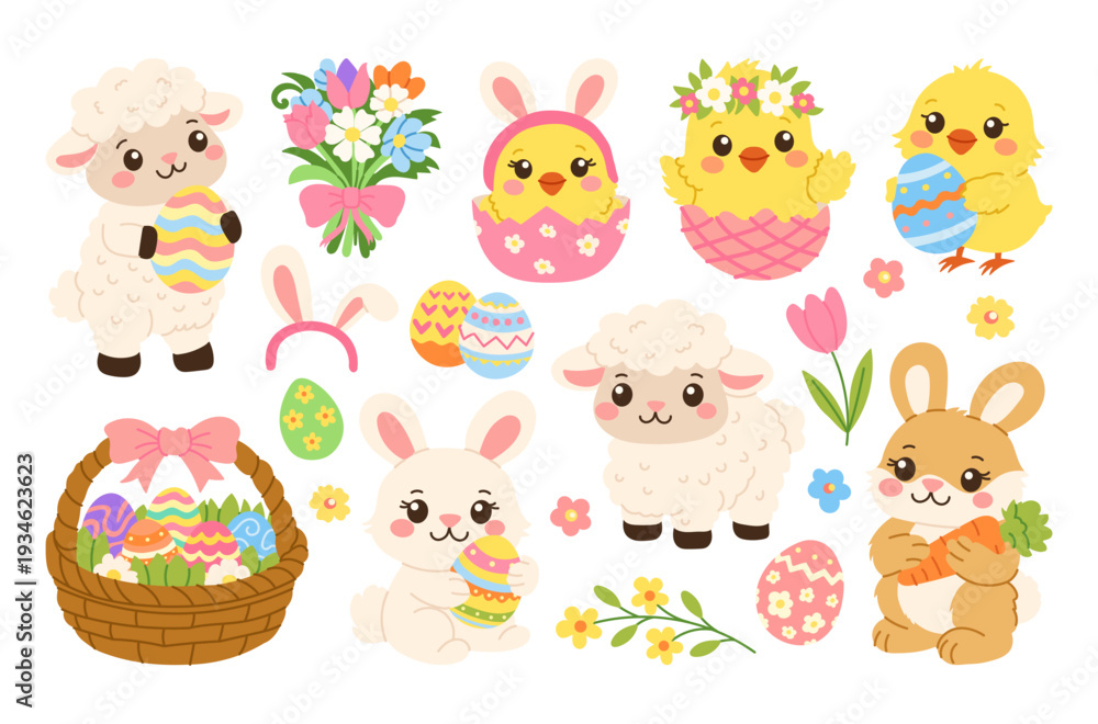 Naklejka premium Cute animals hold colorful Easter eggs. Baskets and flowers add festive charm. Charming characters radiate joy and celebration. Perfect for Easter-themed designs and children's projects