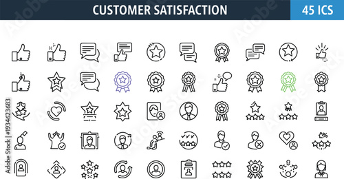 Customer satisfaction line icon set, feedback rating review stars, testimonial badges, quality service symbols, client experience vector illustration pack