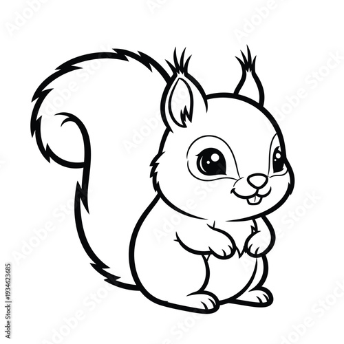 Adorable kawaii cartoon squirrel, a cute fluffy rodent with a bushy tail, rendered in simple black and white line art, perfect for children's books and coloring pages.