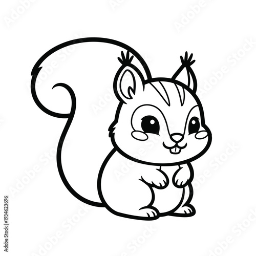 Adorable kawaii cartoon squirrel with big expressive eyes and bushy tail, presented in a clean, bold black and white line art style for coloring pages or simple graphic design.