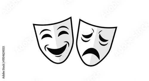 Two theatrical masks, one happy and one sad, are positioned side-by-side on a clean white background with dark outlines.
