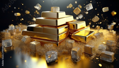 premium 3d rendered trading commodities floating in digital void masterfully textured gold and silver bullion showing surface imperfections crystalline raw sugar particles with transparency