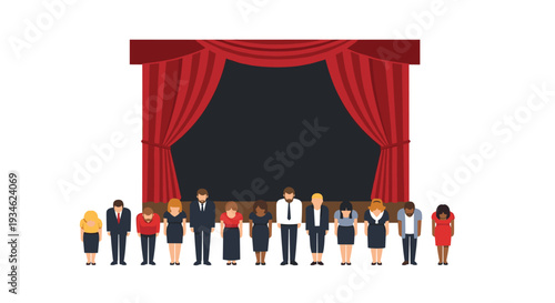 A diverse group of twelve people in business attire are bowing in unison in front of a grand red stage curtain.