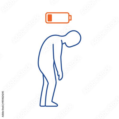 Low Battery and Exhausted Person Icon – Energy Drain Concept Line Art