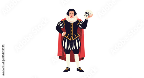 A man in elaborate historical attire, featuring a red cape and ruff collar, is standing and holding a human skull.