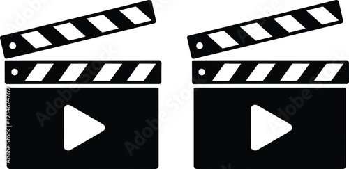 Two classic film clapperboards with play buttons symbolizing video production and editing Vector