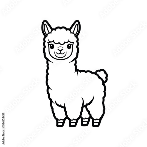 Cute fluffy cartoon llama standing, isolated on white, bold outline, simple line art for children's books, graphic design, or coloring pages