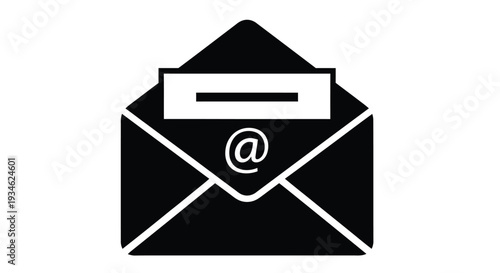 Simple black and white icon of an envelope with an symbol inside