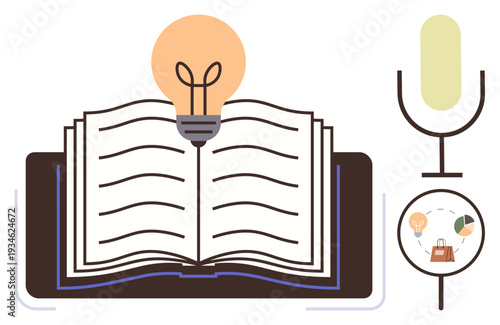 Education, content creation, innovation, storytelling, online learning, and knowledge sharing. Open book with a light bulb, microphone and related icons. Education and content creation concept