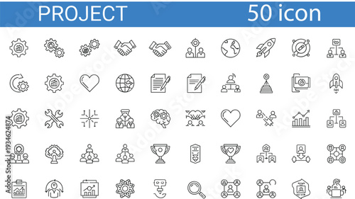 Project management line icon set, business planning strategy teamwork productivity outline vector illustration collection with startup development symbols