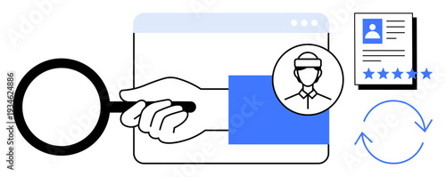 Hand holding magnifying glass over webpage depicting user profile and ratings. Ideal for identity verification, cybersecurity, user reviews, data protection, recruitment, analytics, online trust