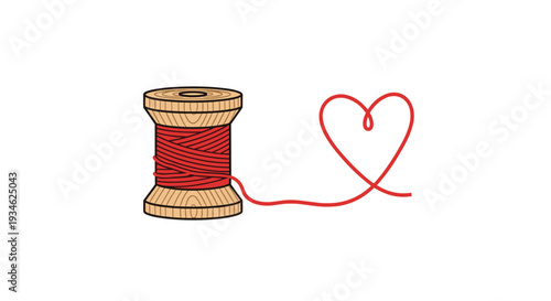 A wooden spool of red thread is positioned on a white background, with the thread forming a heart shape beside it.