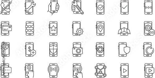 Smartphone settings and security line icon set, mobile app features interface outline vector illustration collection pack