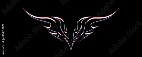 A stylized illustration of symmetrical wings  chrome displayed against a dark background from a front viewpoint