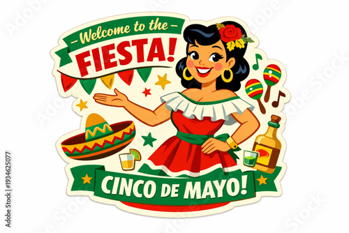 Retro 1950s Cinco de Mayo Fiesta Hostess Sticker
