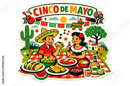 Retro 1950s Cinco de Mayo Festive Picnic Sticker