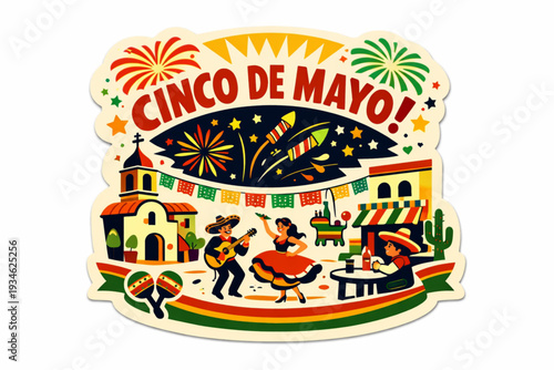 Retro 1950s Cinco de Mayo Fireworks Over Plaza Sticker