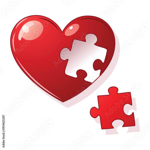A red heart with a missing puzzle piece and a detached piece