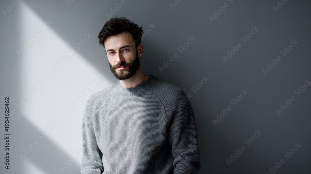 Obraz premium Portrait of a handsome bearded man in a grey casual sweater looking at the camera, confident and calm expression