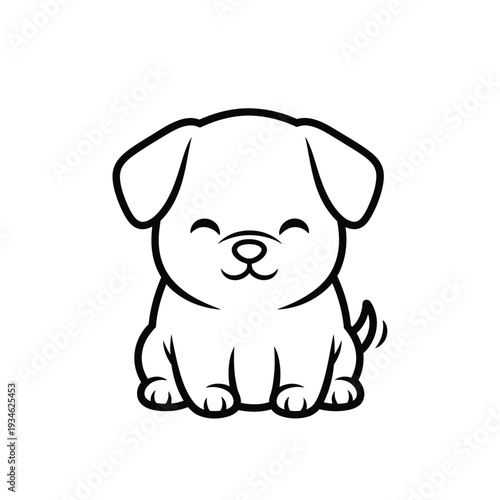 Adorable, simple, outline, line art, cartoon puppy dog sitting happily with closed eyes and a sweet smile, isolated on a white background, clean vector design for children's books.