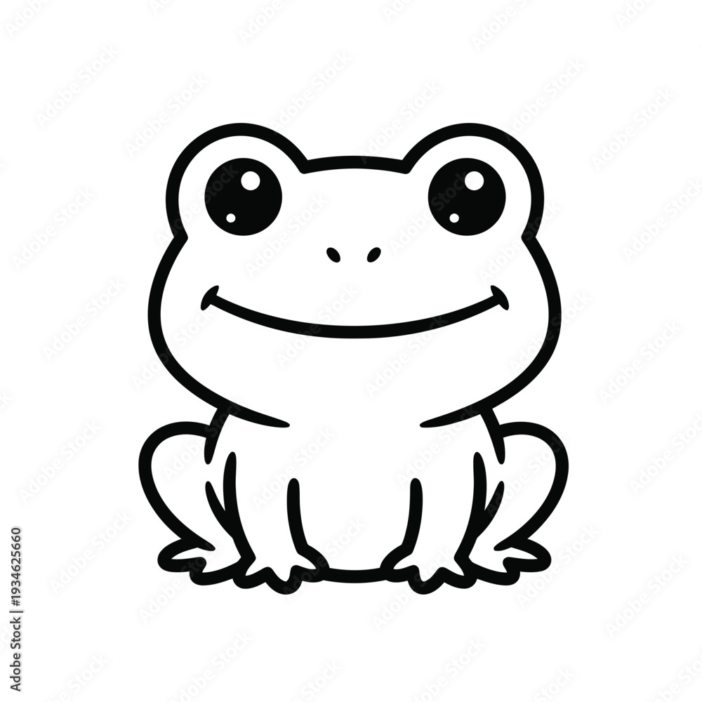 Obraz premium Adorable minimalist line art of a happy cartoon frog sitting and smiling with large, innocent eyes, perfect for children's books or playful designs.
