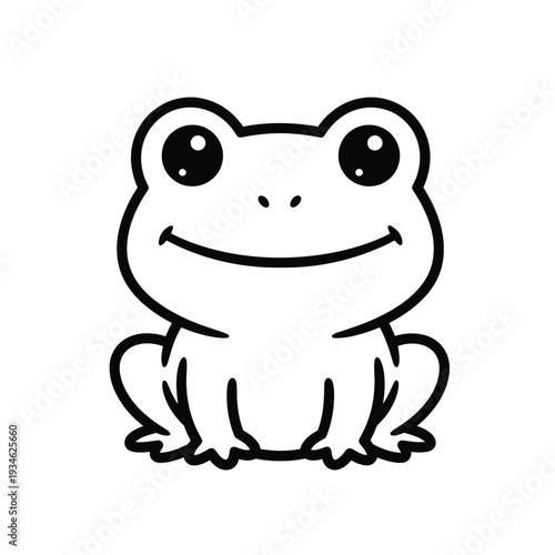 Adorable minimalist line art of a happy cartoon frog sitting and smiling with large, innocent eyes, perfect for children's books or playful designs.