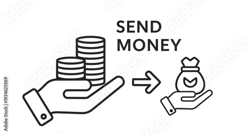 Line art illustration depicting money transfer from hand to mobile phone